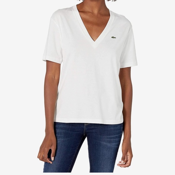 LACOSTE   100% Pima Cotton V-Neck Striped Tee - Picture 6 of 6